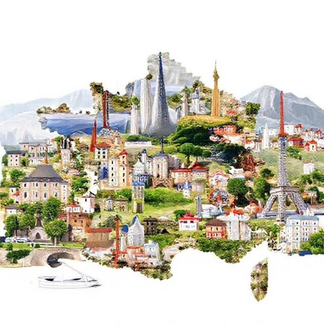 Collage of France representing all the touristic poi of the country in 16:9 aspect ratio