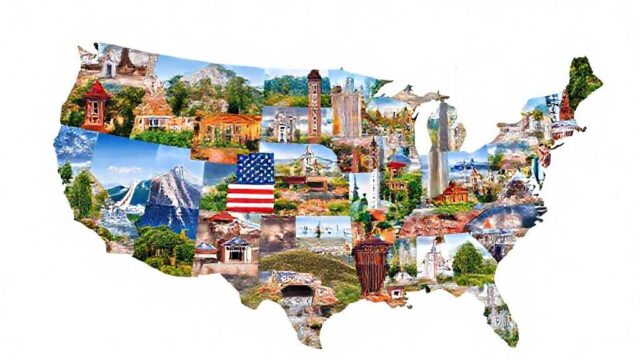 Collage of USA representing all the touristic poi of the country in 16:9 aspect ratio