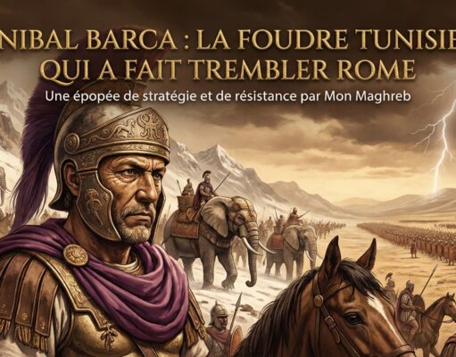 Hannibal Barca : La Foudre Tunisienne qui a fait trembler Rome et Humilié l’Empire Colonial Avant l’Heure Illustration épique de Hannibal Barca et son armée traversant les Alpes avec des éléphants de guerre
