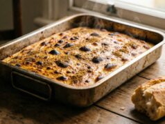 La Karantika Inratable : La Recette pour une Texture Parfaitement Crémeuse Un plateau rectangulaire de Karantika dorée posé sur une table en bois avec de la vapeur s'échappant du plat, accompagné d'une baguette et d'un bol de harissa.