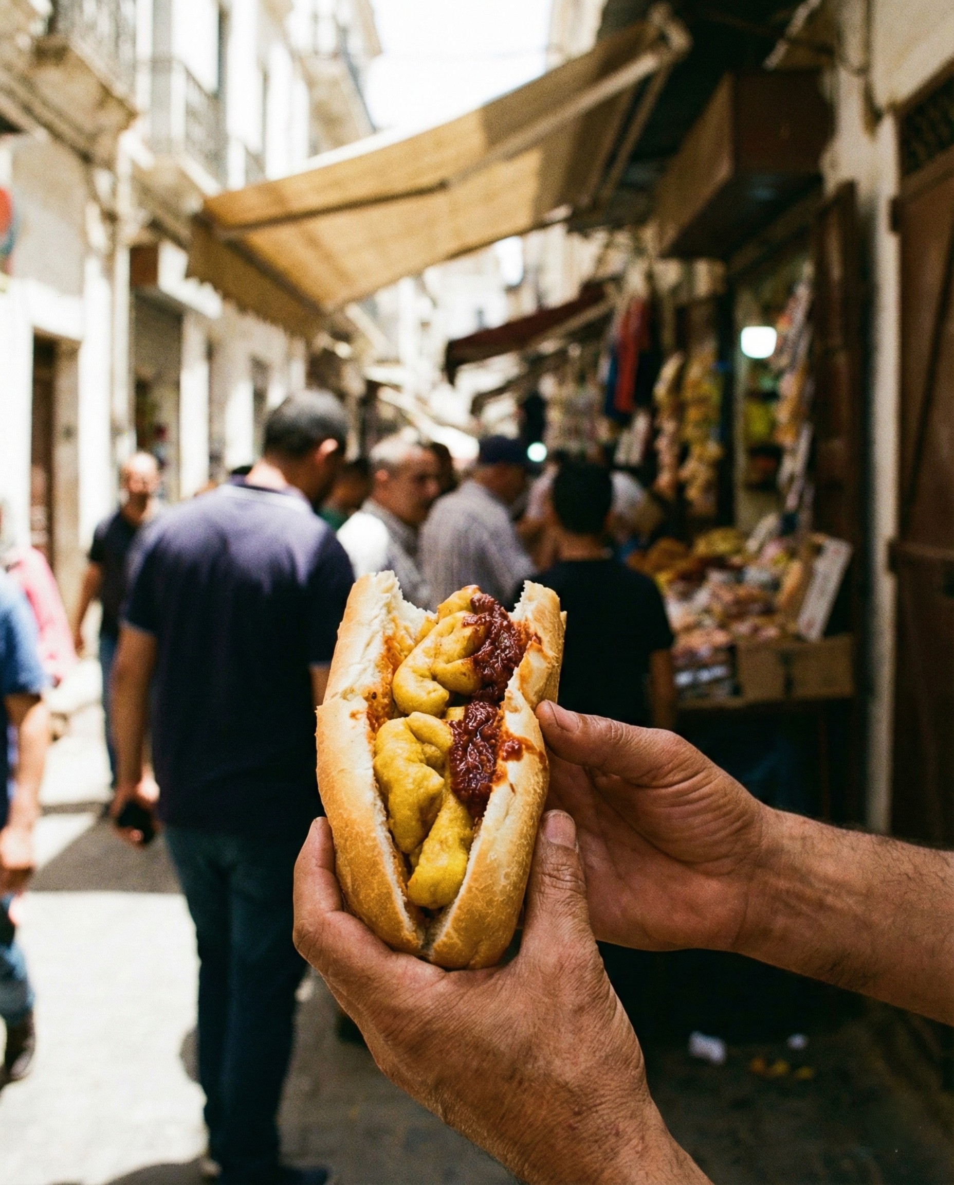 Gros plan sur des mains tenant un sandwich baguette généreusement rempli de Karantika crémeuse et de sauce harissa rouge dans une ruelle ensoleillée.