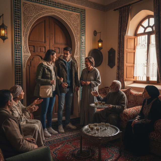 au revoir une heure Famille maghrébine qui discute sur le pas de la porte pendant un long au revoir.