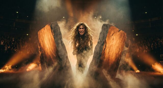 Silhouette de Loreen sur scène lors de sa performance gagnante d'Euphoria à l'Eurovision 2012 à Bakou. Elle danse pieds nus dans un jeu de lumière bleu sombre.