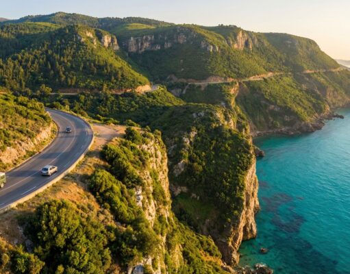 De Béjaïa à Jijel: Ce voyage qui nous rappelle pourquoi l’Algérie est un des pays le plus beau du monde. Vue aérienne de la route en corniche RN43 entre Béjaïa et Jijel, Algérie.