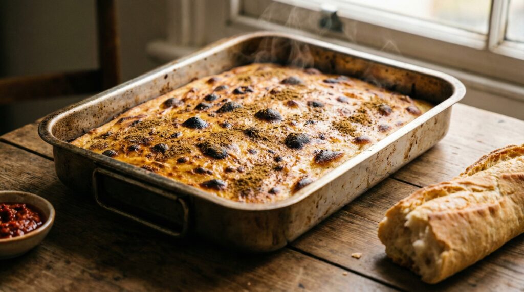Un plateau rectangulaire de Karantika dorée posé sur une table en bois avec de la vapeur s'échappant du plat, accompagné d'une baguette et d'un bol de harissa.