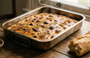 La Karantika Inratable : La Recette pour une Texture Parfaitement Crémeuse Un plateau rectangulaire de Karantika dorée posé sur une table en bois avec de la vapeur s'échappant du plat, accompagné d'une baguette et d'un bol de harissa.