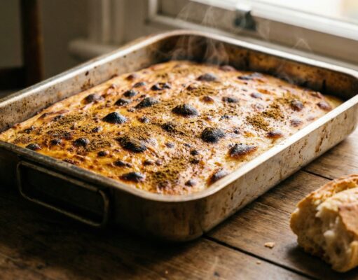 La Karantika Inratable : La Recette pour une Texture Parfaitement Crémeuse Un plateau rectangulaire de Karantika dorée posé sur une table en bois avec de la vapeur s'échappant du plat, accompagné d'une baguette et d'un bol de harissa.