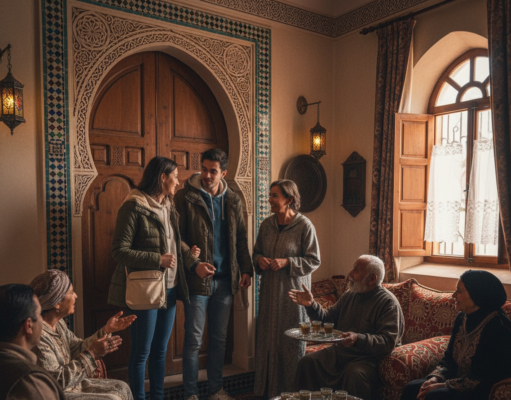 Les 7 étapes obligatoires du “Au revoir” chez nous (La n°4 va vous faire rire). Famille maghrébine qui discute sur le pas de la porte pendant un long au revoir.