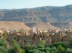 Les oasis marocaines : préservation et développement durable pour une croissance durable Family exploring a sustainable oasis in Morocco, surrounded by palm trees and traditional irrigation systems