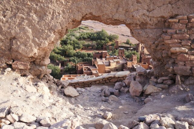 Medieval city Ait Ben Haddou with red brick walls and white sand-blanched houses in the heart of southern Morocco