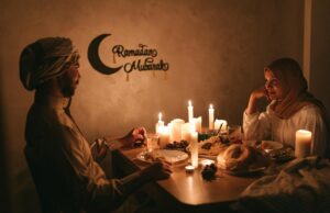 Recettes de repas gourmands pour l’entrée au dessert lors du Ramadan 2026 Famille arabe autour d'un table de Ramadan avec des plats gourmands pour l'entrée et le dessert