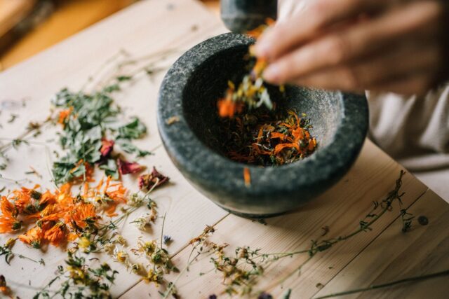 Marocaine-plantes-medicinales Femme marocaine utilisant des plantes médicinales dans sa cuisine