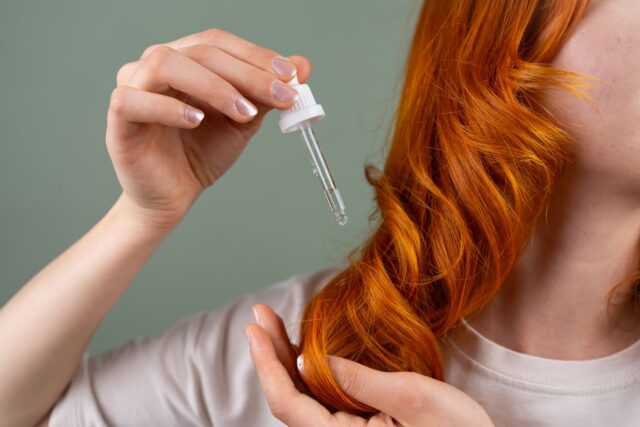 Huile de nigelle pour cheveux gris Femme avec des cheveux gris qui utilisent de l'huile de nigelle pour le soin