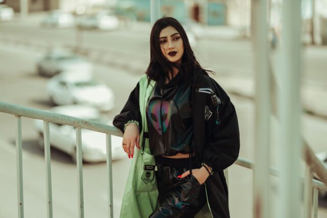 Moroccan woman wearing modern clothes in a bustling city street