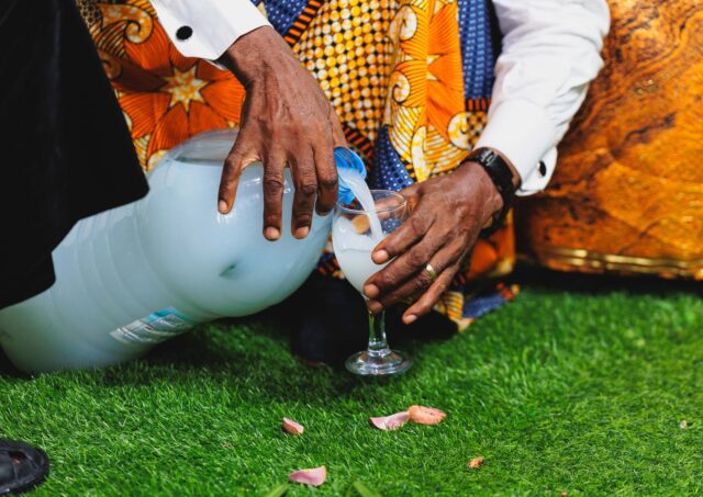 African couple in traditional wedding attire in England
