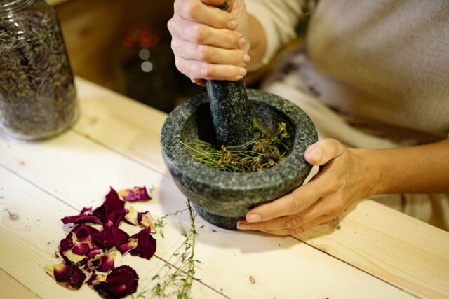 Tunisian herbal remedies preparation Woman preparing traditional Tunisian medicinal plants for health and wellness