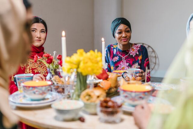 Ramadan Maghrebi Fashion Gathering Women in Maghrebi style outfits gathering for a Ramadan feast