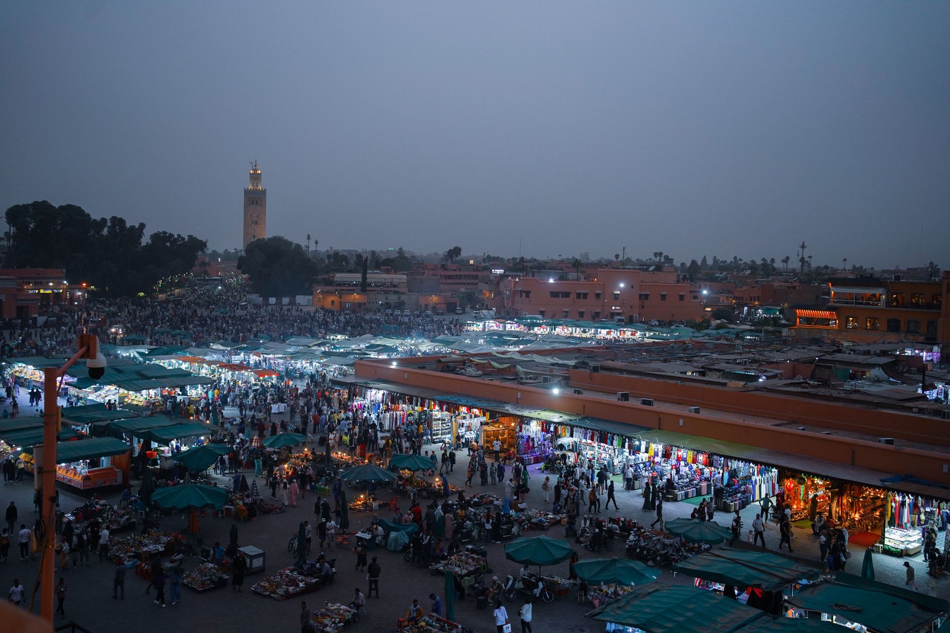 Jemaa el-Fna market in Marrakech, North Africa: a bustling cultural and economic space teeming with local products, cultural